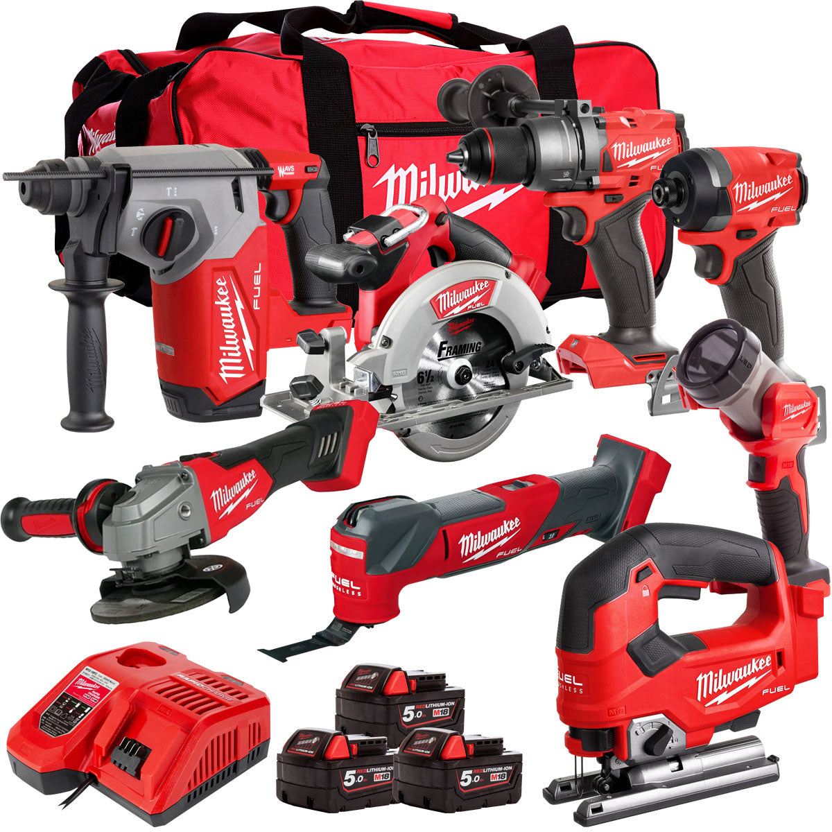 Milwaukee 18V Cordless 8 Piece Tool Kit with 3 x 5.0Ah Batteries & Charger in Bag T4TM-2