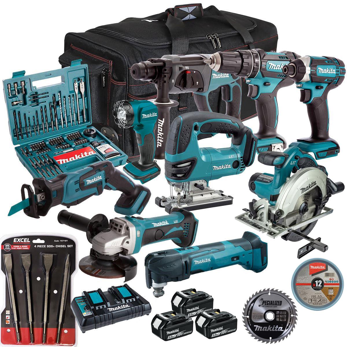 Makita 18V 9 Piece Combo Kit with 3 x 5.0Ah Battery Charger & Accessories Set T4TKIT-17213