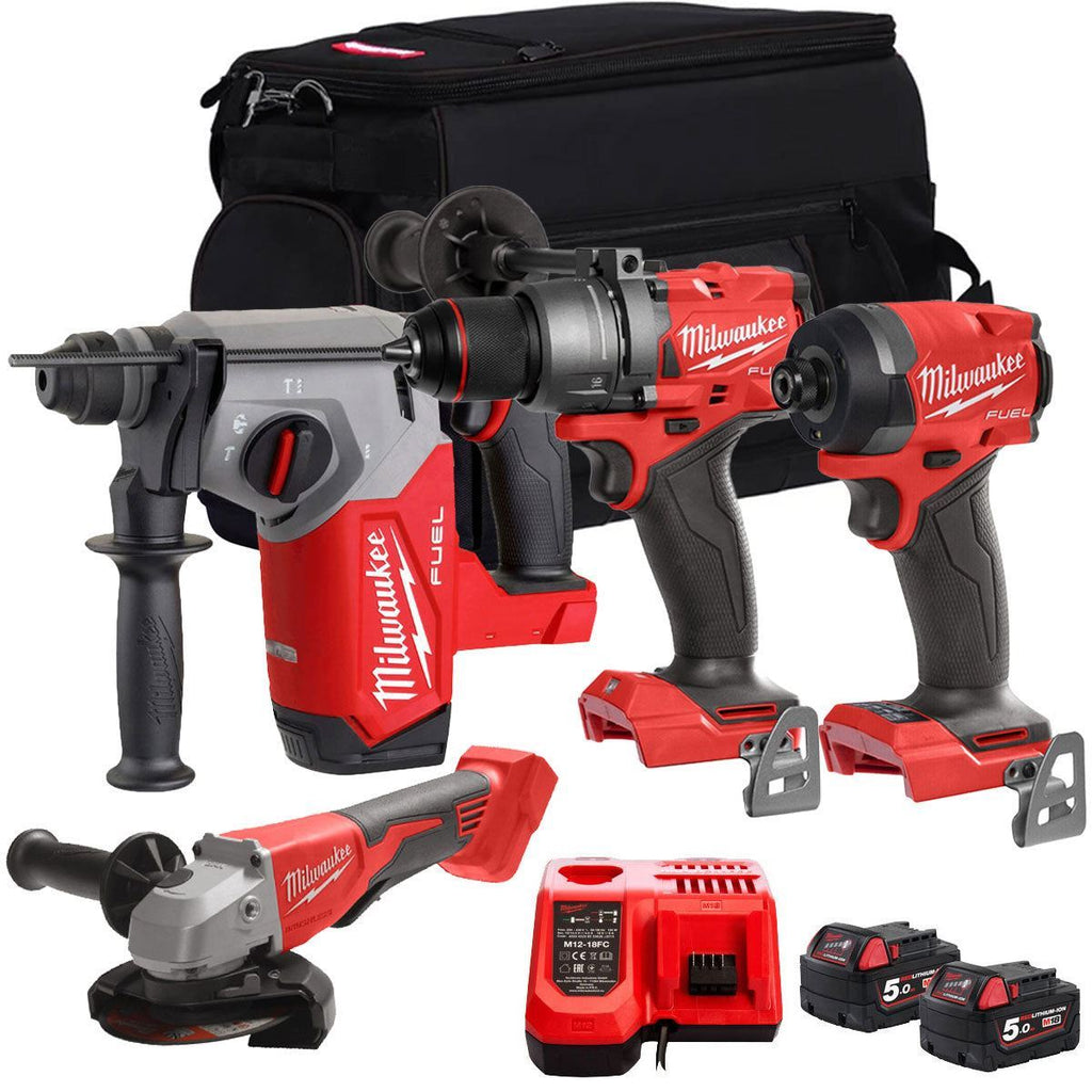 Milwaukee M18FPP4Z-503B 18V Brushless 4 Piece Power Tool Kit With 2 x 5.0Ah Batteries Charger & Bag