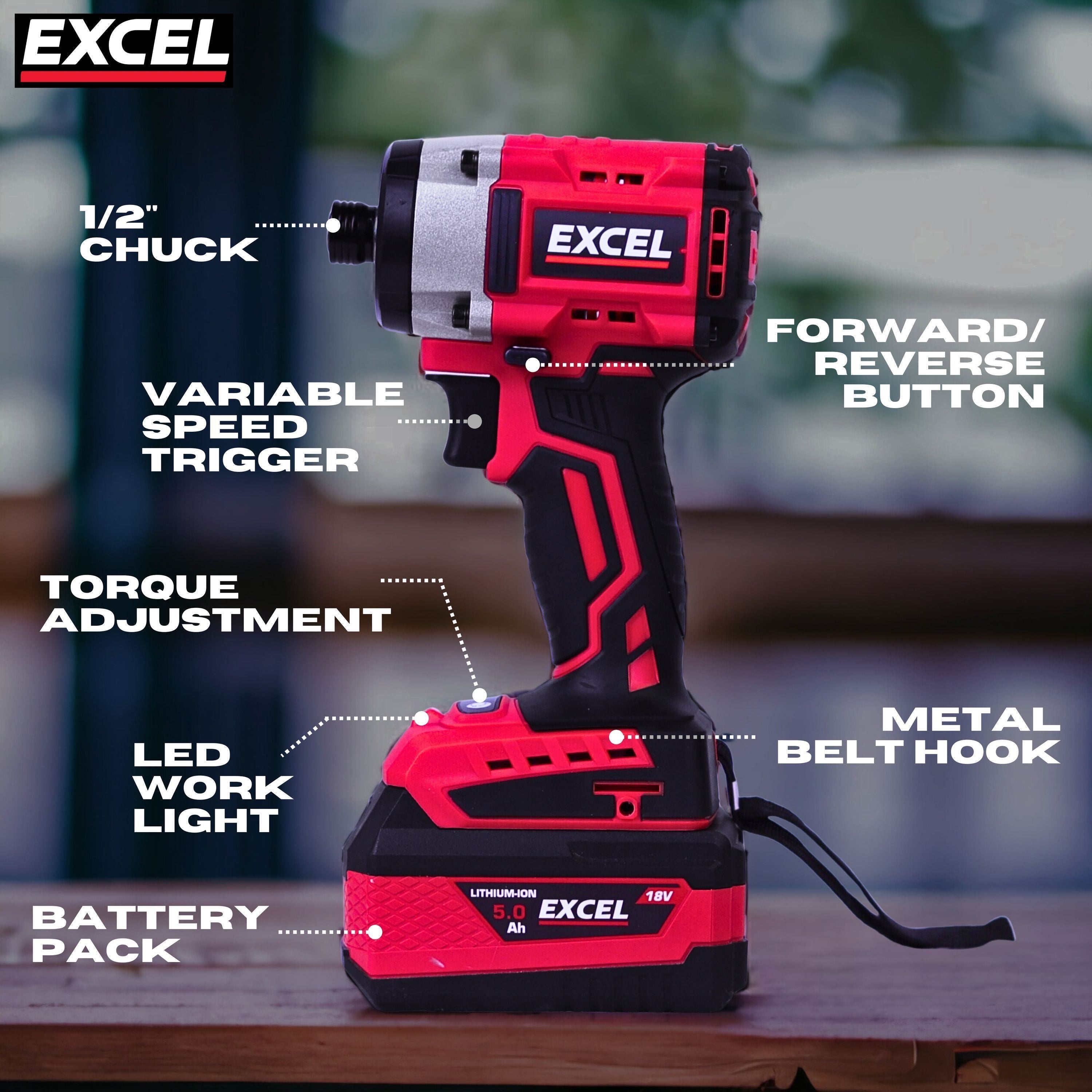 Excel 18V 5 Piece Power Tool Kit with 2 x 4.0Ah Batteries & Charger EXLKIT-16286