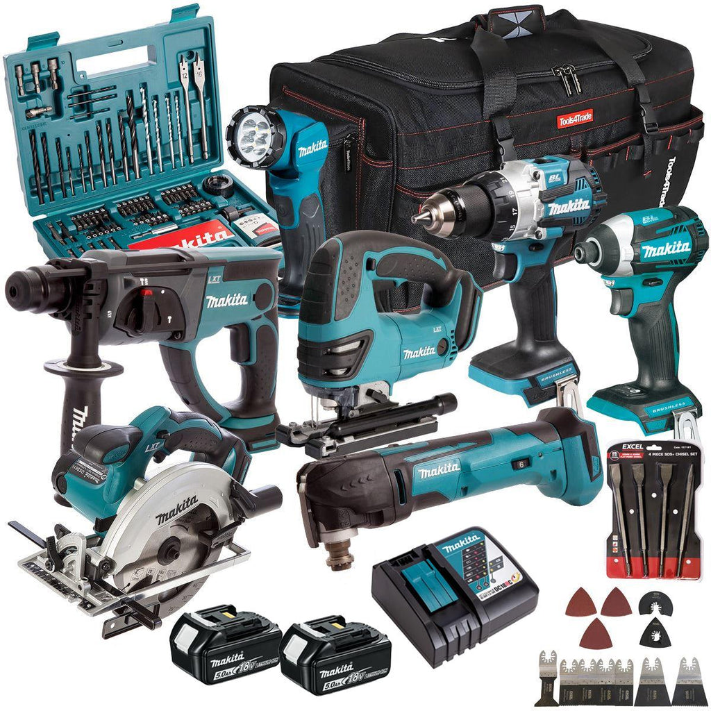 Makita 18V 7 Piece Combo Kit with 2 x 5.0Ah Battery Charger & Accessories Set T4TKIT-17231
